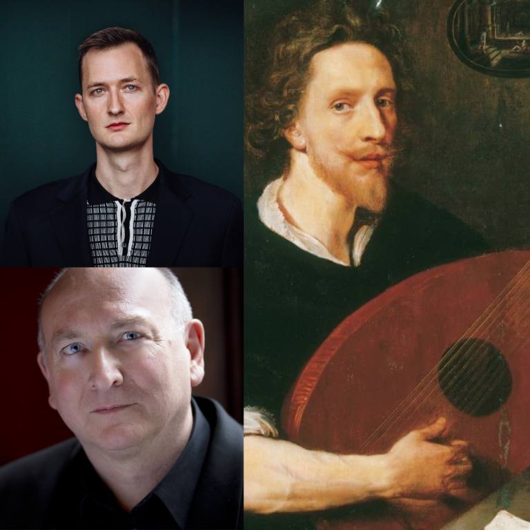 Event image featuring Stephen Stubbs in the lower left, John Taylor Ward in the upper left, and a painting of Nicholas Lanier playing the lute on the right.
